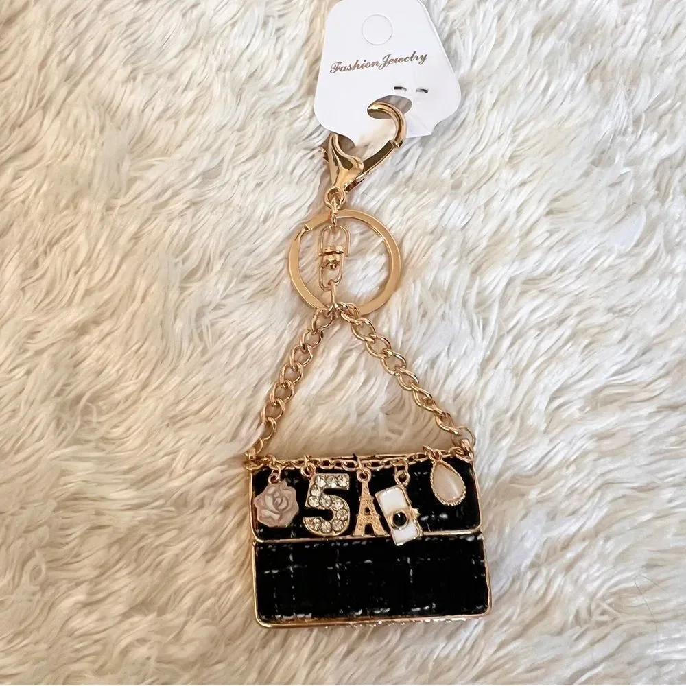 Elegant Black and Gold Plaid Bag Keychain Bag Charm NEW